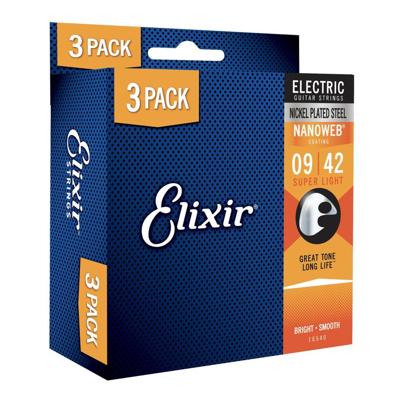 Elixir Strings Electric Guitar Strings with NANOWEB Coating, 3 Pack, Super Light .009-.042 (16540) - Image 1